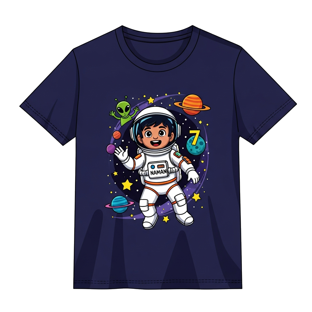 Custom design: A realistic yet playful illustration of a young Indian boy astronaut (Naman) floating happily in space, surrounded by...