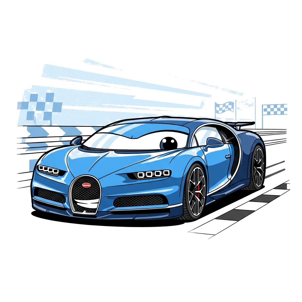 Custom design: A hyper-realistic illustration of a sleek, blue Bugatti Chiron, parked on a race track with subtle motion blur in the...