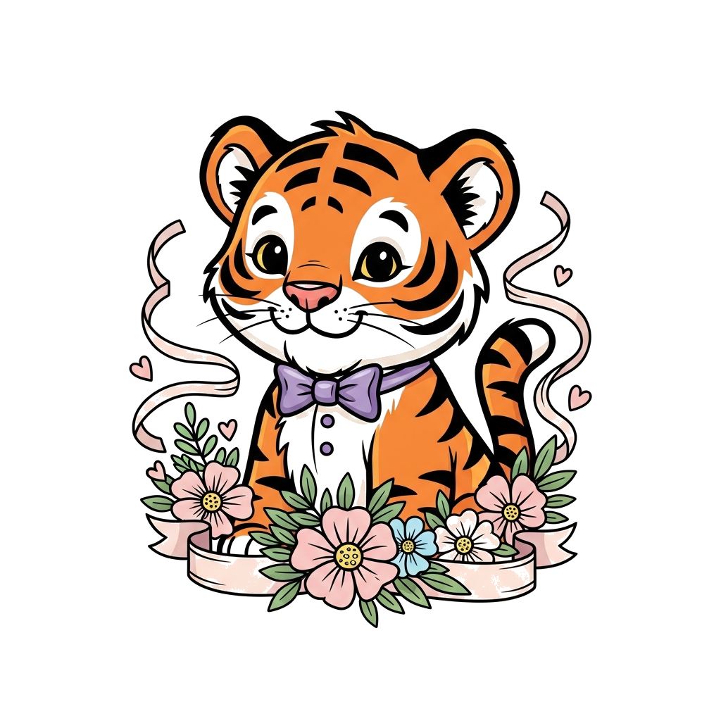 Custom design: A charming cartoon tiger cub wearing a tiny, elegant bow tie and a gentle smile, surrounded by delicate, pastel-color...