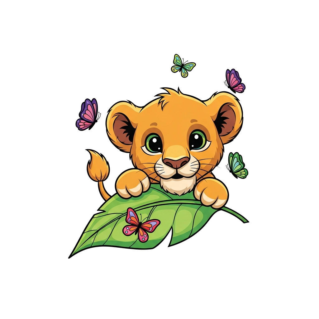 Custom design: A super cute baby lion cub with big eyes, playfully peeking out from behind a vibrant green leaf, surrounded by a few...