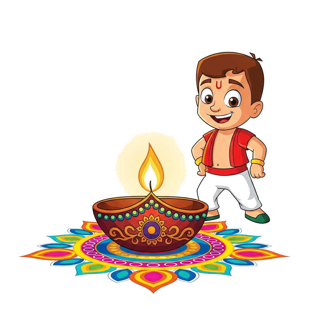 Custom design: A cheerful Chhota Bheem lighting a beautifully intricate traditional diya, surrounded by a vibrant, modern abstract r...