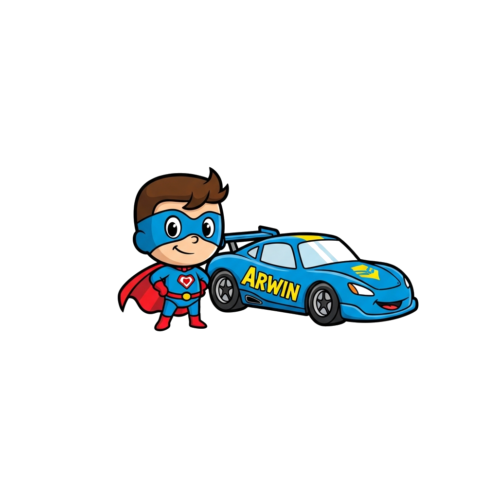 Custom design: A cute cartoon superhero character, with a friendly smile and a tiny cape, striking a heroic pose next to a cool, sty...