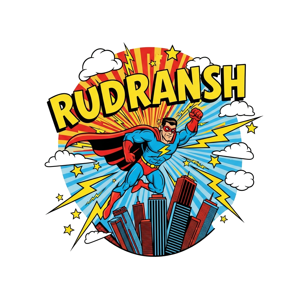 Custom design: A dynamic and colorful cartoon illustration of a superhero flying through a vibrant city skyline, with lightning bolt...
