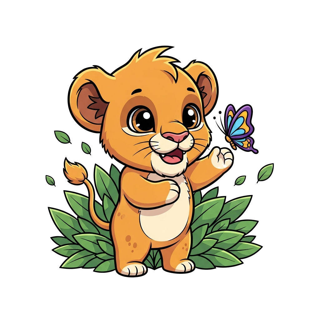 Custom design: A super cute, chibi-style baby lion cub with big, friendly eyes, happily playing with a colorful butterfly amidst lus...