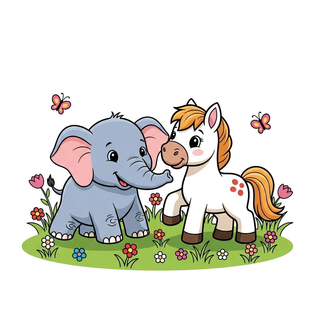 Custom design: A cheerful, cute cartoon baby elephant and a friendly, cute cartoon pony horse playing together in a vibrant green me...