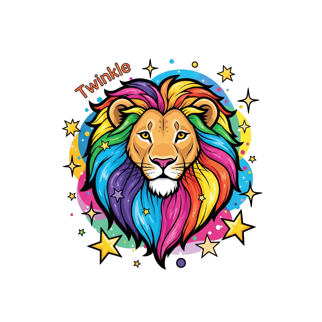 Custom design: A majestic yet friendly lioness with a flowing mane made of rainbow colors, surrounded by sparkling stars and abstrac...