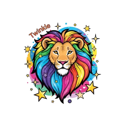Design: A majestic yet friendly lioness with a flowing mane made of rainbow colors, s...