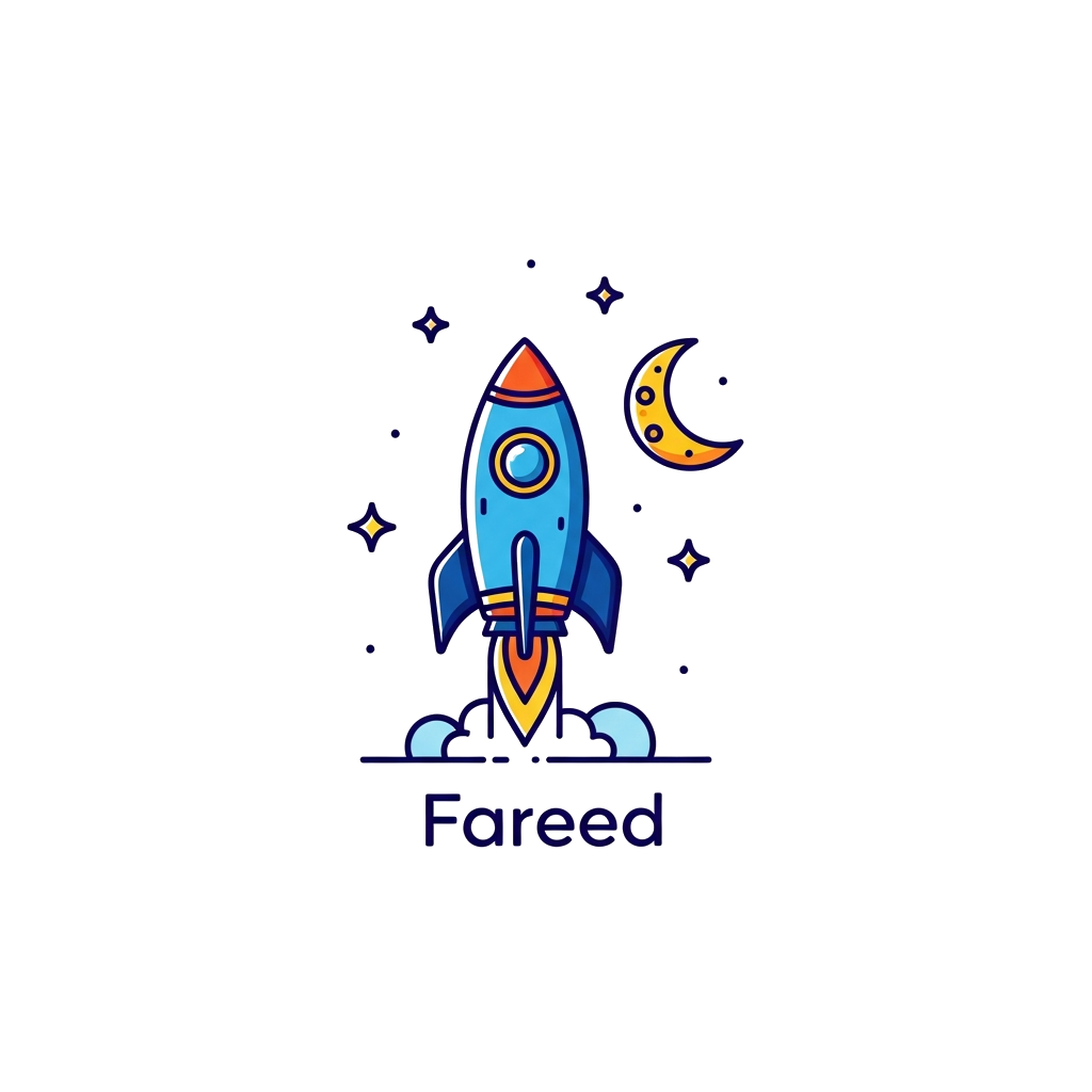 Custom design: A minimalist illustration of a sleek, artistic rocket taking off towards a stylized crescent moon, surrounded by a fe...