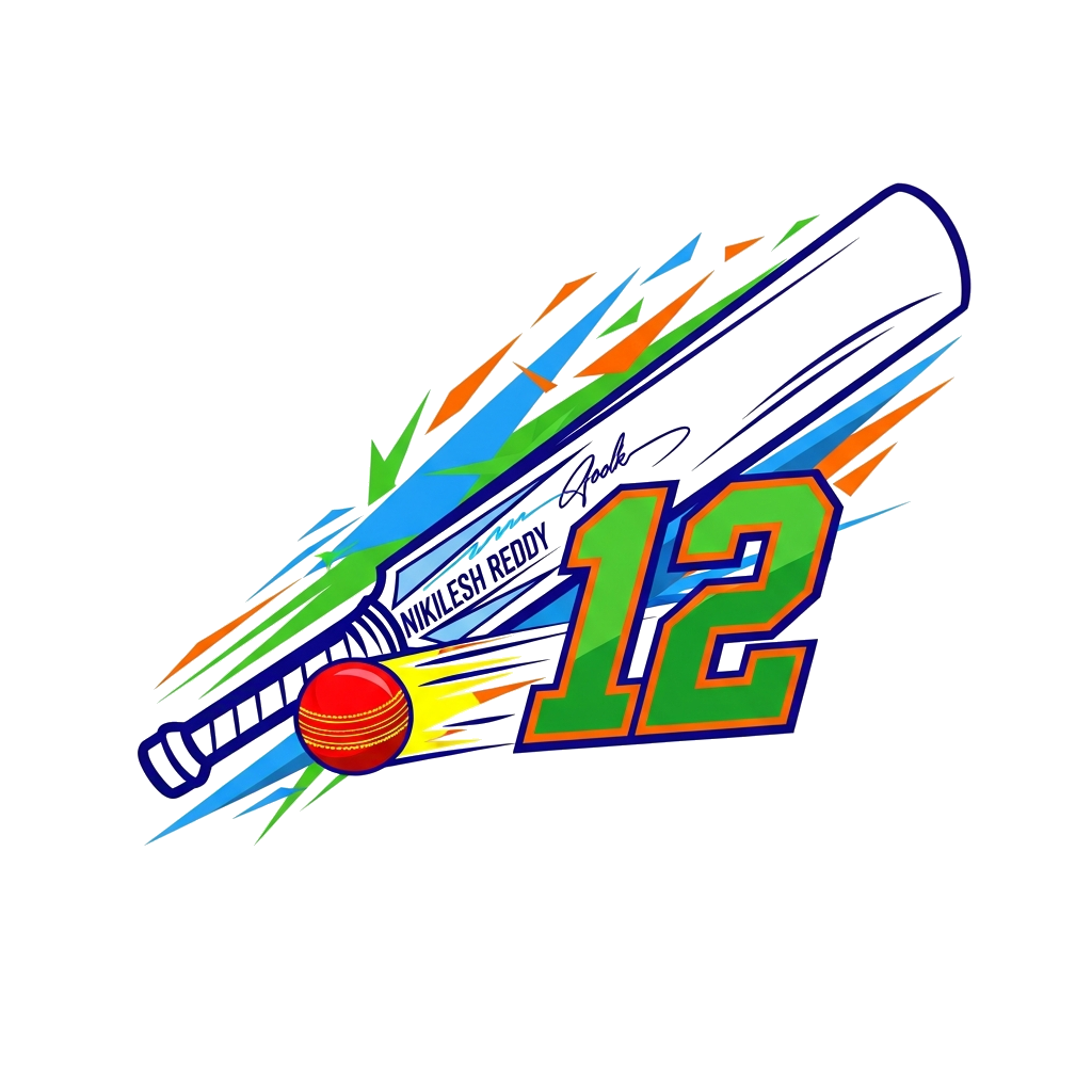 Custom design: A dynamic and cool graphic illustration of a cricket bat and ball mid-action, with a stylized '12' integrated into th...