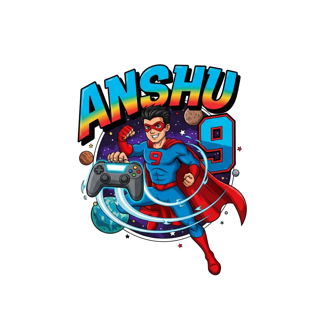 Custom design: A dynamic illustration of a superhero Anshu in a powerful pose, with a cosmic background of planets and stars, holdin...