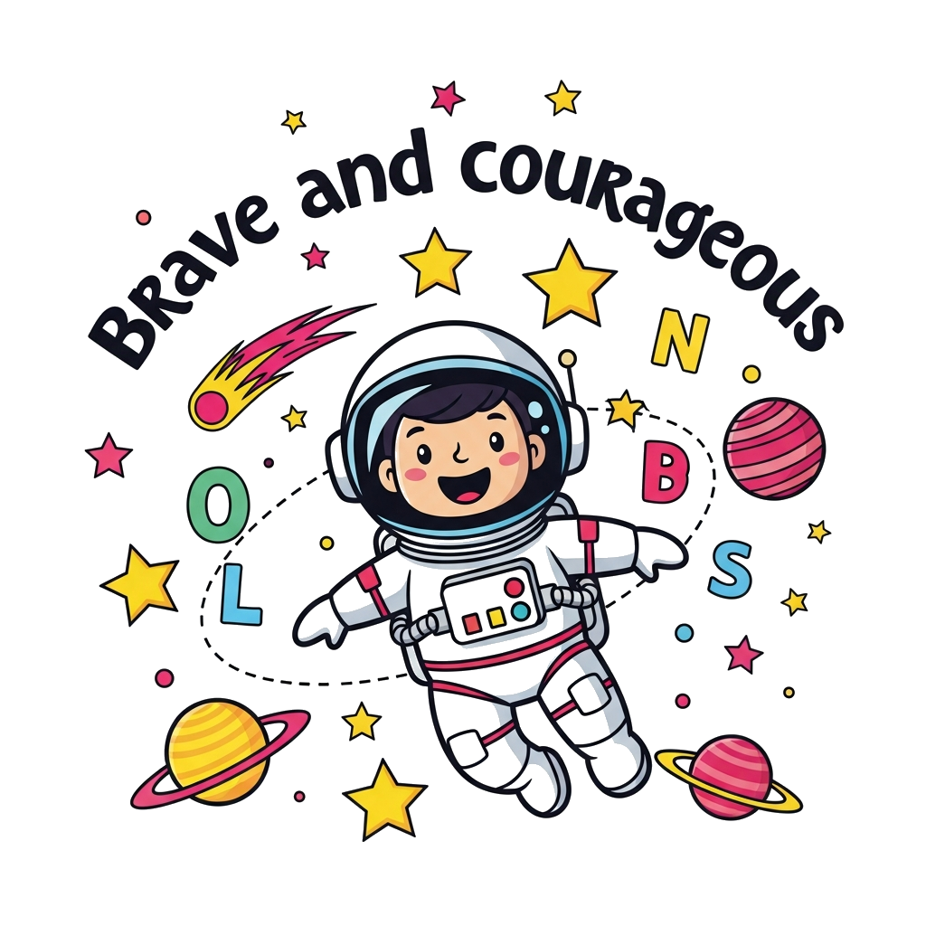 Custom design: A cheerful cartoon astronaut floating in a vibrant galaxy, surrounded by colorful planets in yellow, pink, and red hu...