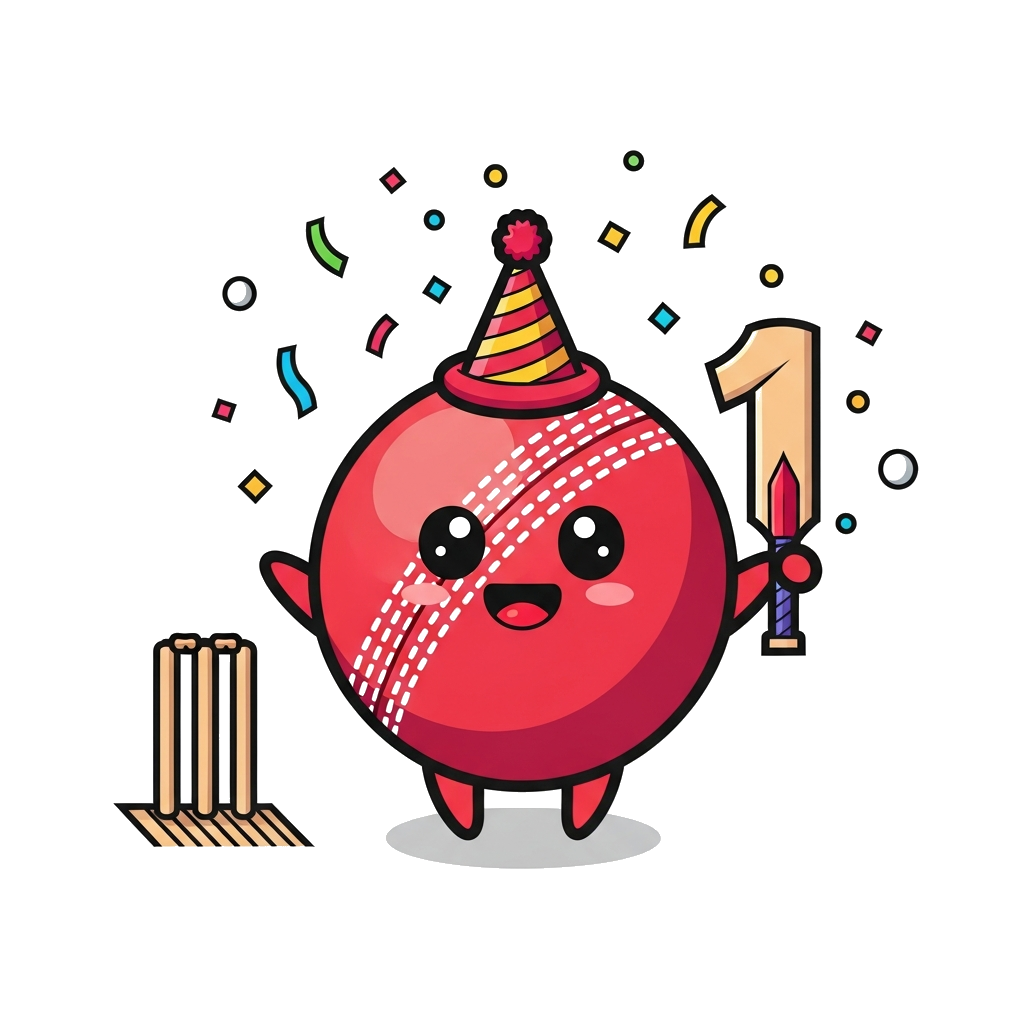 Custom design: A super cute baby cricket ball character with big, friendly eyes and a tiny party hat, holding a number '1' made of a...