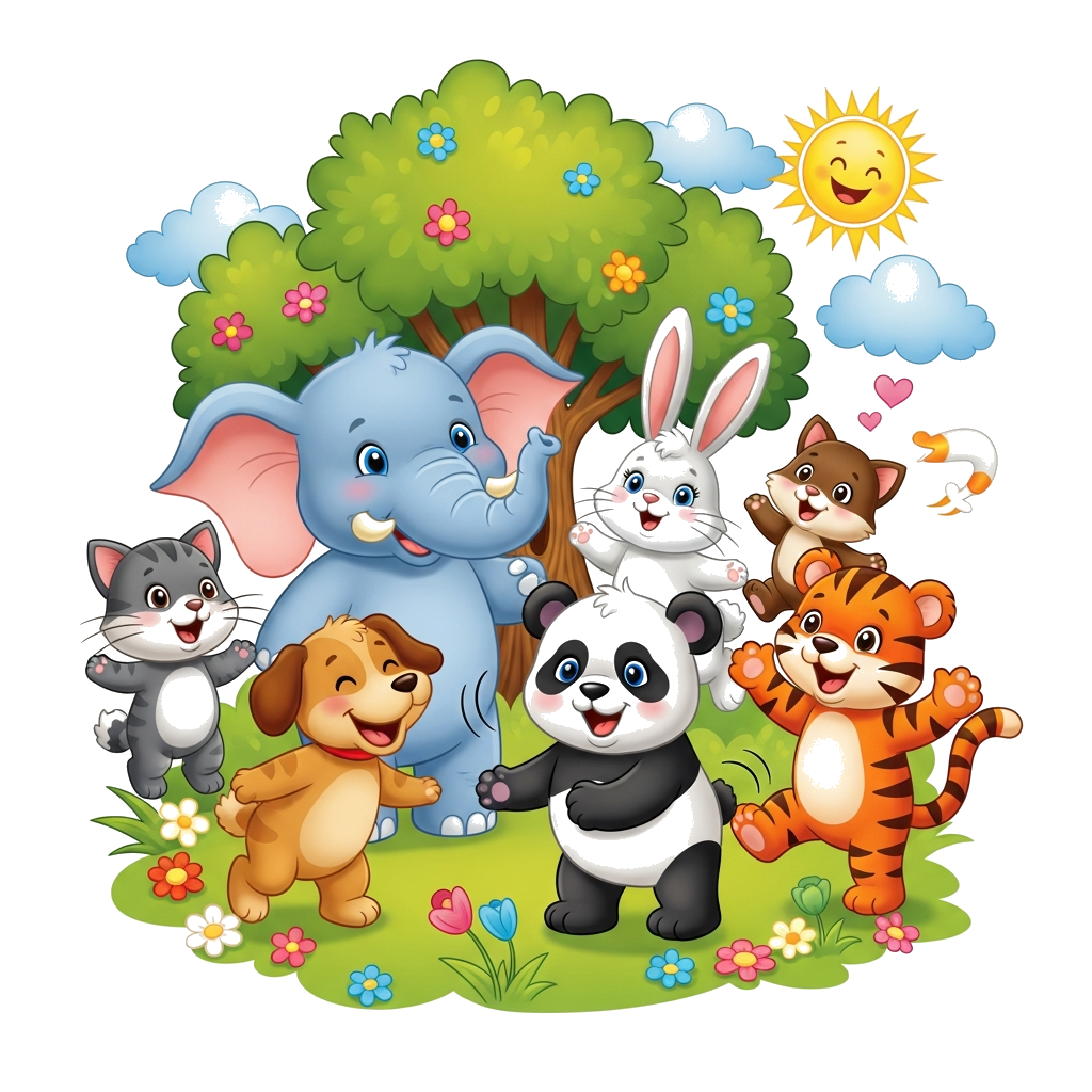 Custom design: A vibrant and playful illustration featuring a group of happy cartoon animals: a friendly elephant, a bouncy rabbit, ...