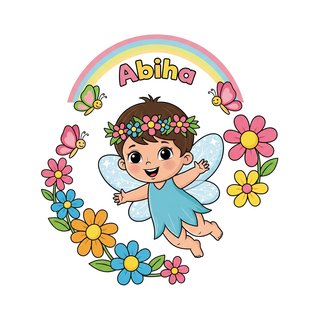 Custom design: A cute, bright cartoon illustration of a happy baby fairy with sparkly wings and a flower crown, flying among colorfu...