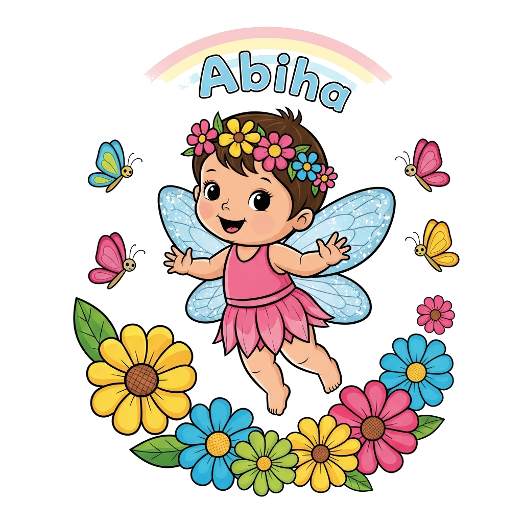 Custom design: A cute, bright cartoon illustration of a happy baby fairy with sparkly wings and a flower crown, flying among colorfu...
