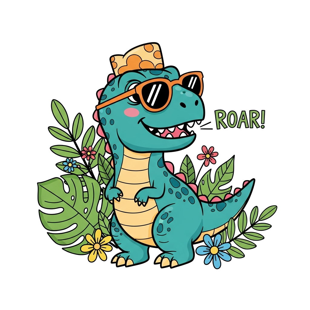 Custom design: A super cute cartoon baby T-Rex letting out a tiny, playful 'Roar!', with the word 'Roar' in a bubbly, friendly font....