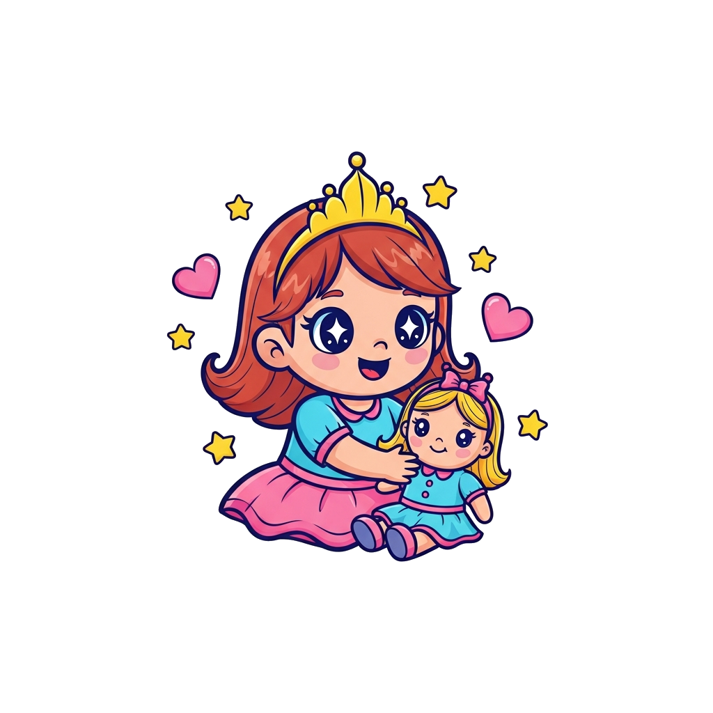 Custom design: A cheerful, cute cartoon little princess with big, sparkling eyes, playing happily with her favorite doll, surrounded...