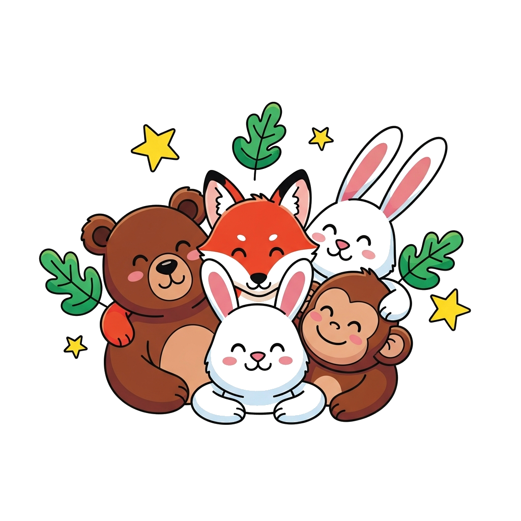Custom design: A vibrant cartoon illustration featuring four diverse, happy animal friends (e.g., a bear, a fox, a bunny, and a monk...