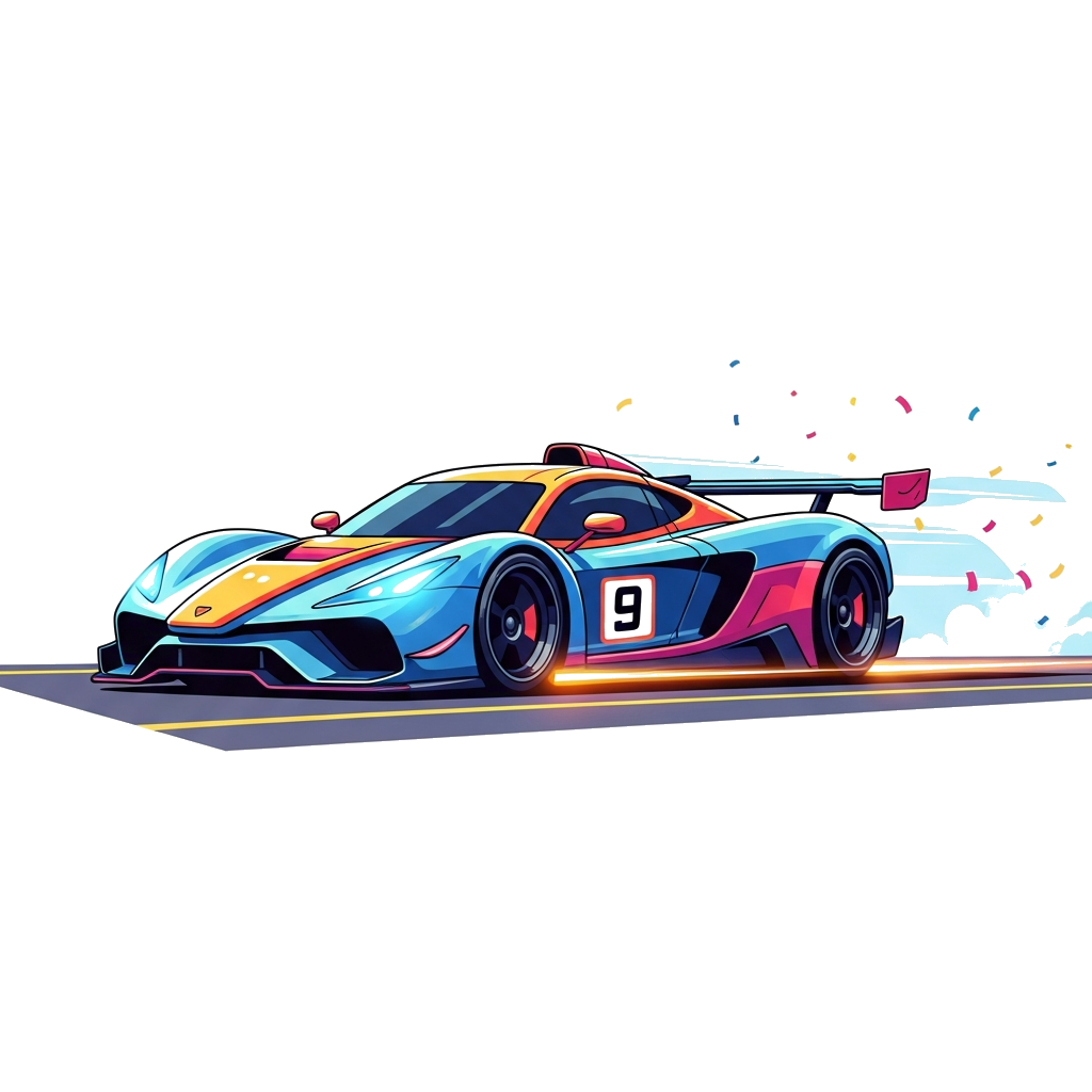 Custom design: A highly detailed, realistic illustration of a sleek, futuristic racing car, vibrant and colorful, speeding down a tr...