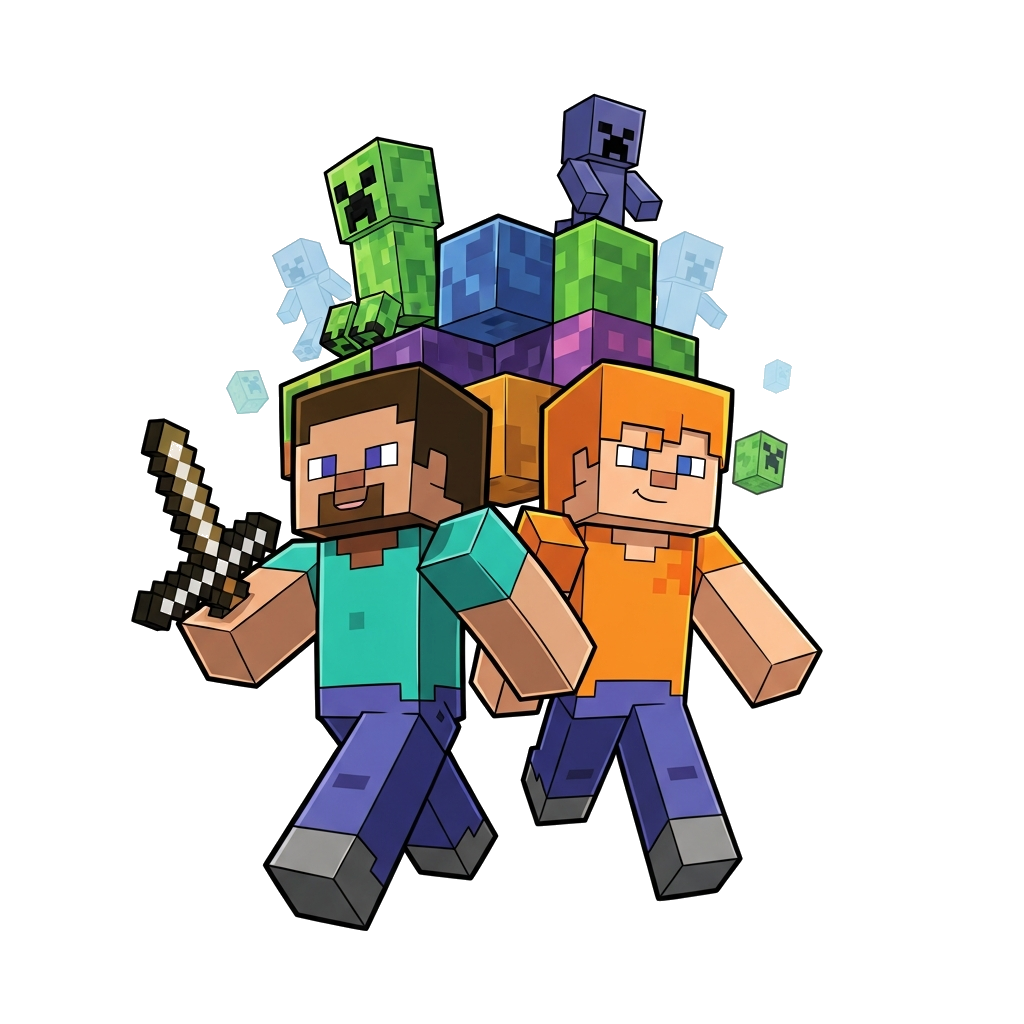 Custom design: A vibrant cartoon illustration featuring iconic Minecraft characters like Steve and Alex exploring a blocky world, wi...