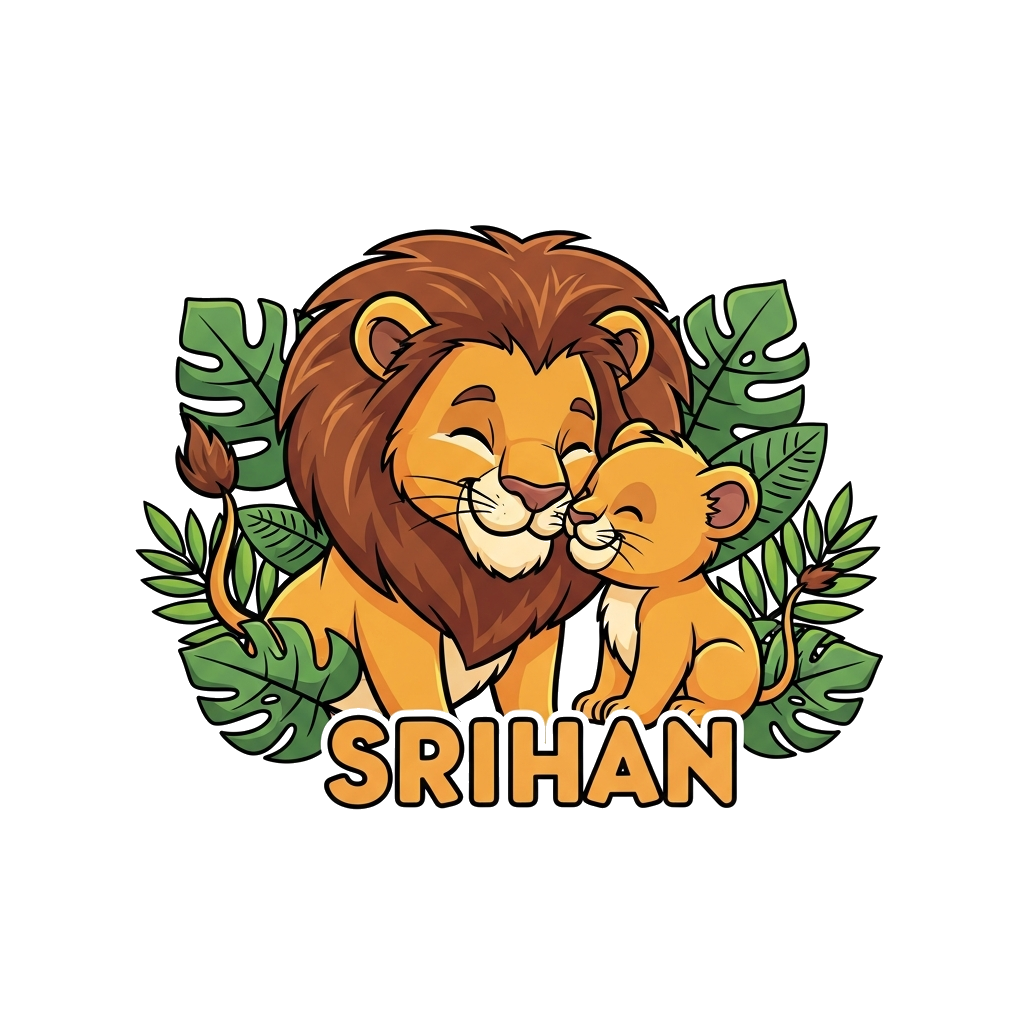 Custom design: A charming cartoon illustration of a happy lion and its adorable cub nuzzling, surrounded by lush green jungle leaves...