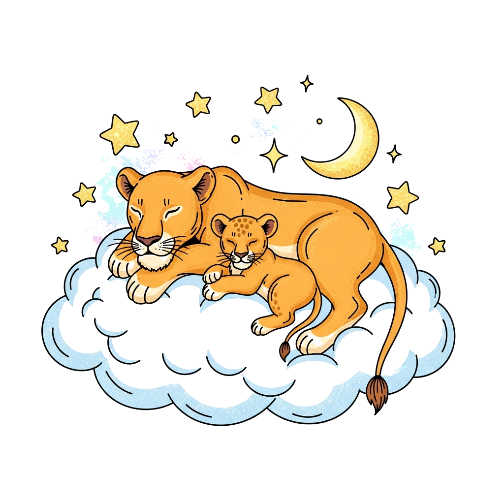 Custom design: A majestic lioness and her playful cub napping peacefully on a giant, soft cloud, surrounded by twinkling stars and a...