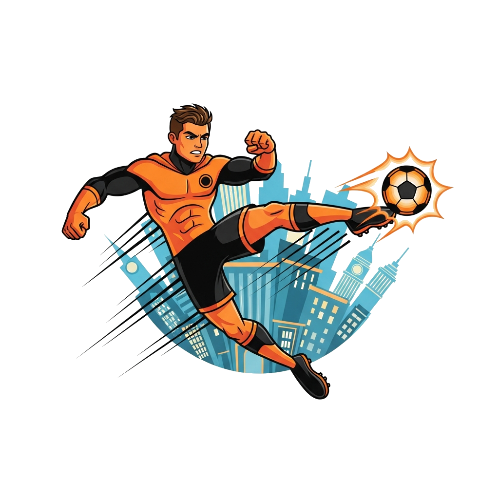 Custom design: A dynamic cartoon illustration of a superhero inspired by Cristiano Ronaldo, wearing an orange and black costume, mid...