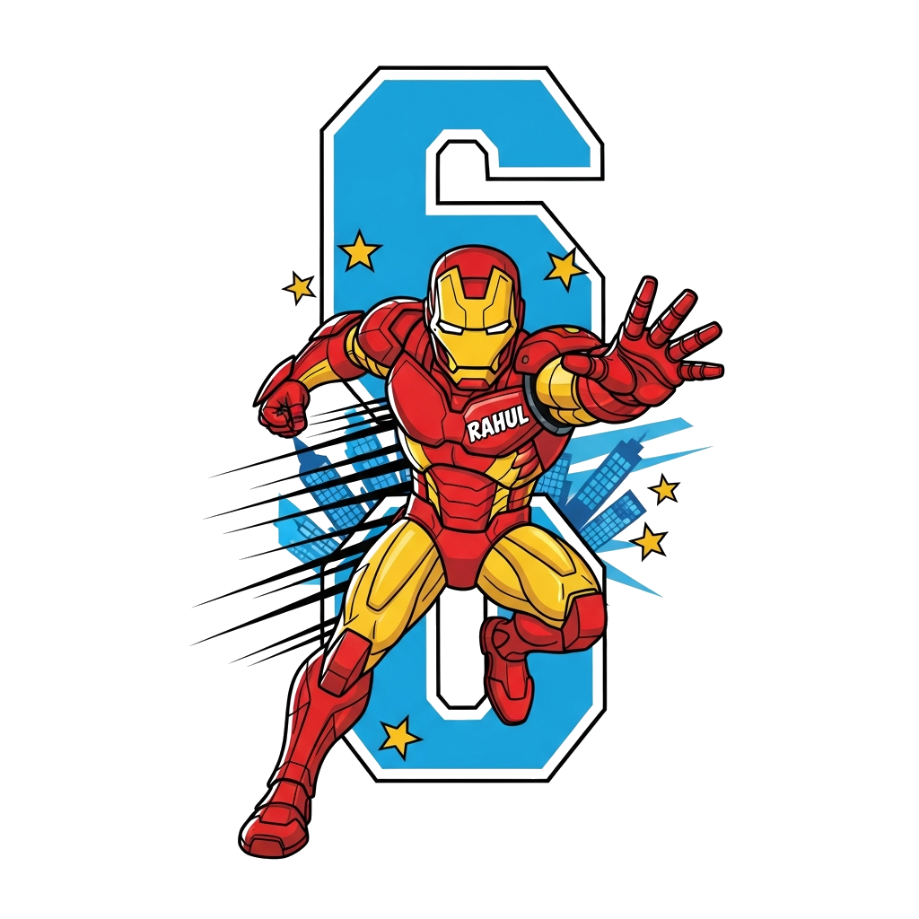 Custom design: A bold and dynamic comic illustration of Ironman in an action pose, with a large, stylized '6' incorporated into the ...