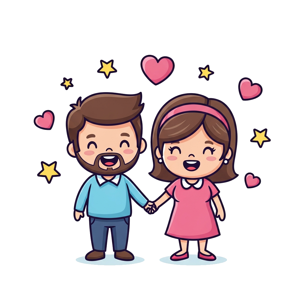 Custom design: A heartwarming cartoon illustration of a happy couple, a husband and wife, holding hands and smiling, surrounded by f...