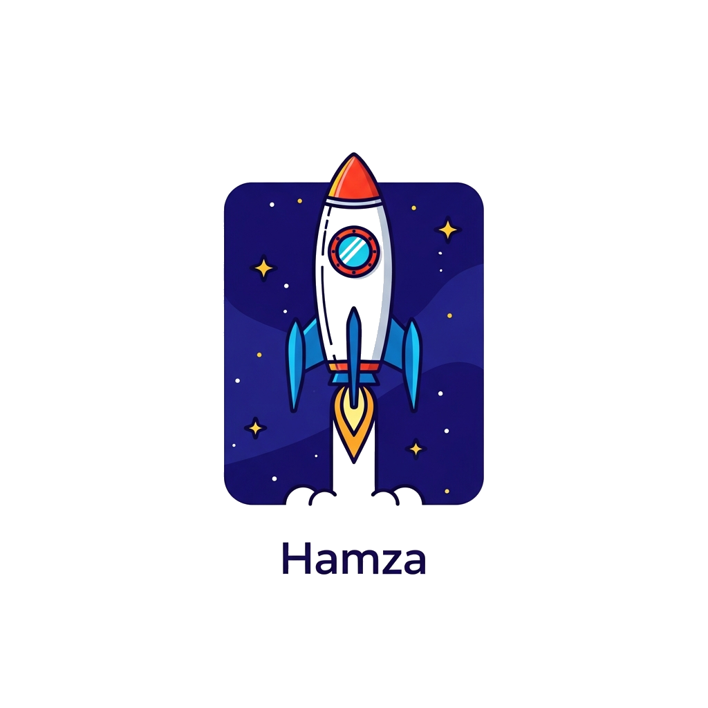Custom design: A minimalist graphic illustration of a sleek, modern rocket launching into a deep blue space with a few scattered sta...