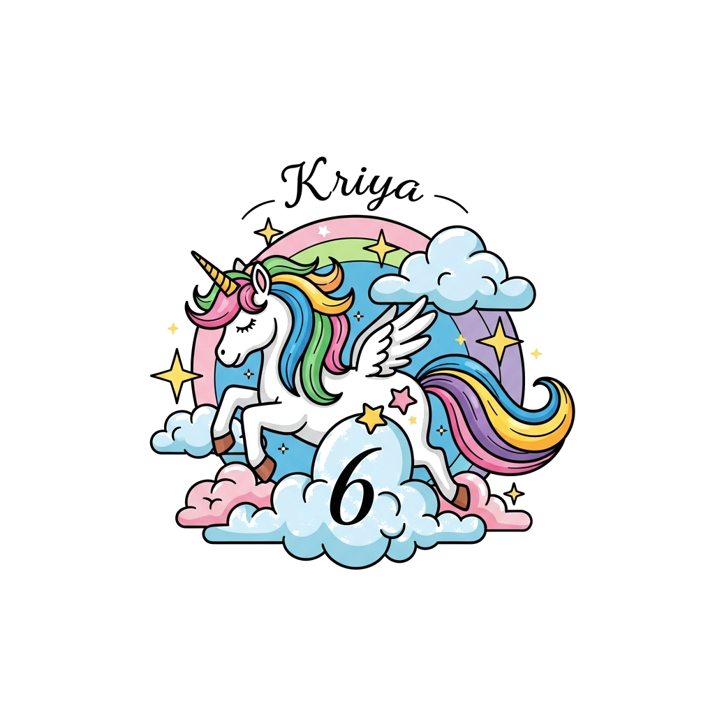 Custom design: A whimsical, dreamy unicorn with a flowing rainbow mane and tail, gently floating among pastel clouds and sparkling s...