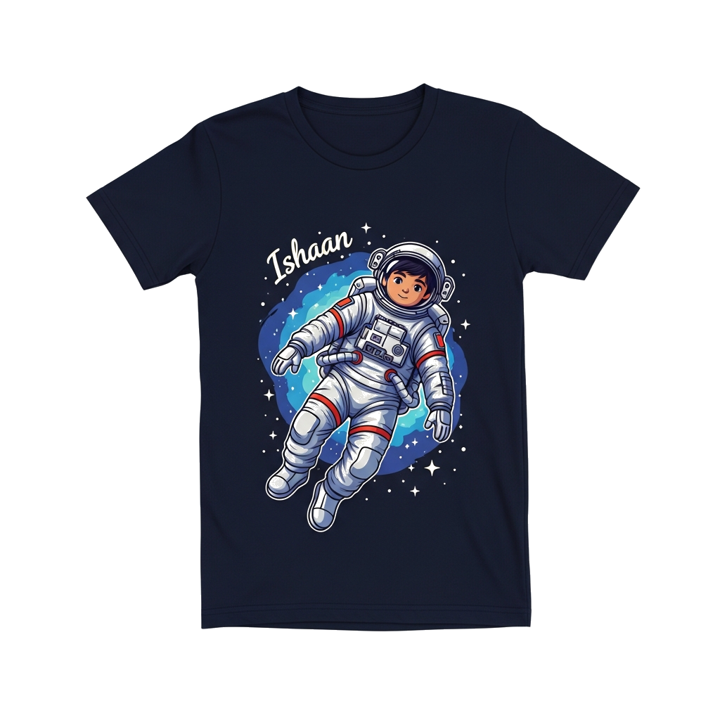 Custom design: A realistic, detailed illustration of a young astronaut floating gracefully in space, surrounded by a nebula and dist...