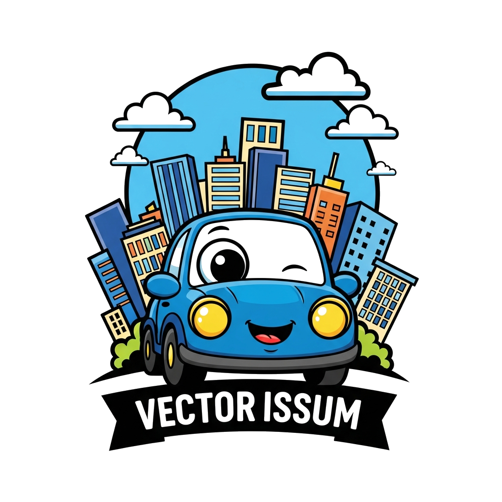 Custom design: A cute blue cartoon car character with big friendly eyes driving through a stylized cityscape with tall buildings and...