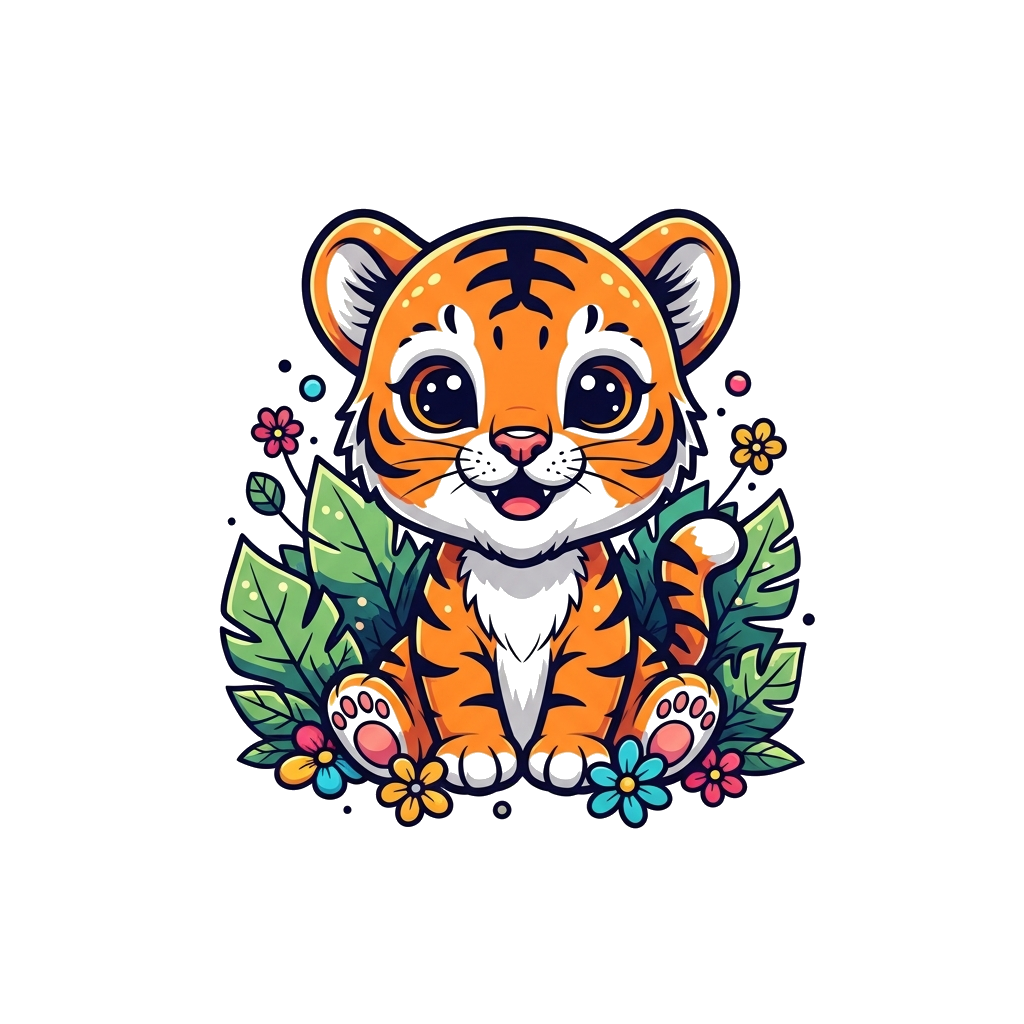 Custom design: A super cute, chibi-style baby tiger cub with big, friendly eyes, sitting happily amidst lush green cartoon jungle le...