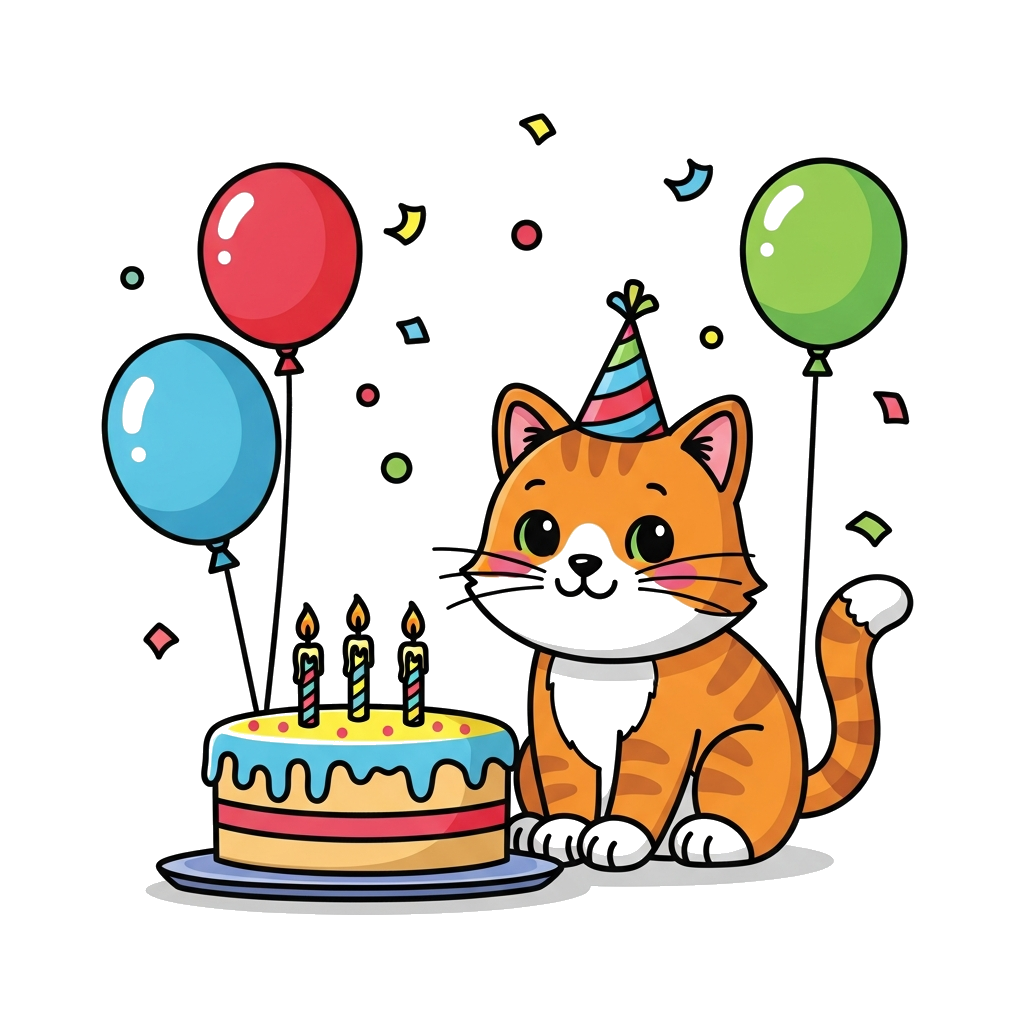 Custom design: A cheerful cartoon cat wearing a tiny party hat, sitting next to a colorful birthday cake with 4 candles, surrounded ...
