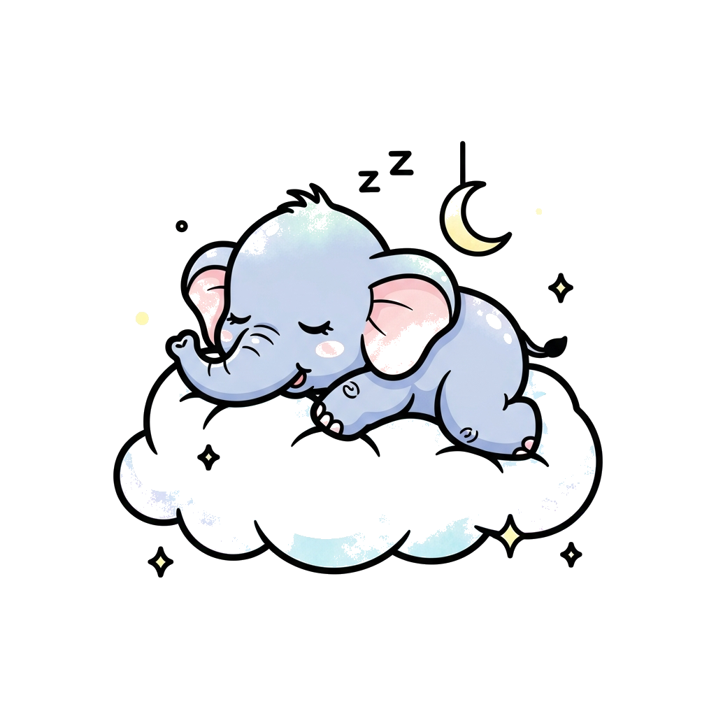 Custom design: A super cute, sleepy baby elephant lying on a soft, fluffy cloud, surrounded by tiny sparkling stars and a crescent m...