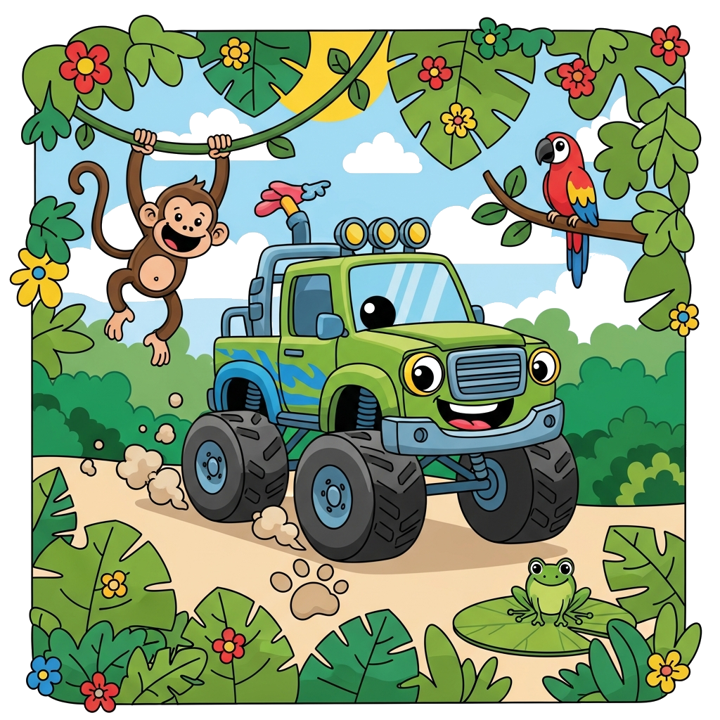Custom design: A cute cartoon monster truck playfully driving through a vibrant jungle, surrounded by friendly forest animals like a...
