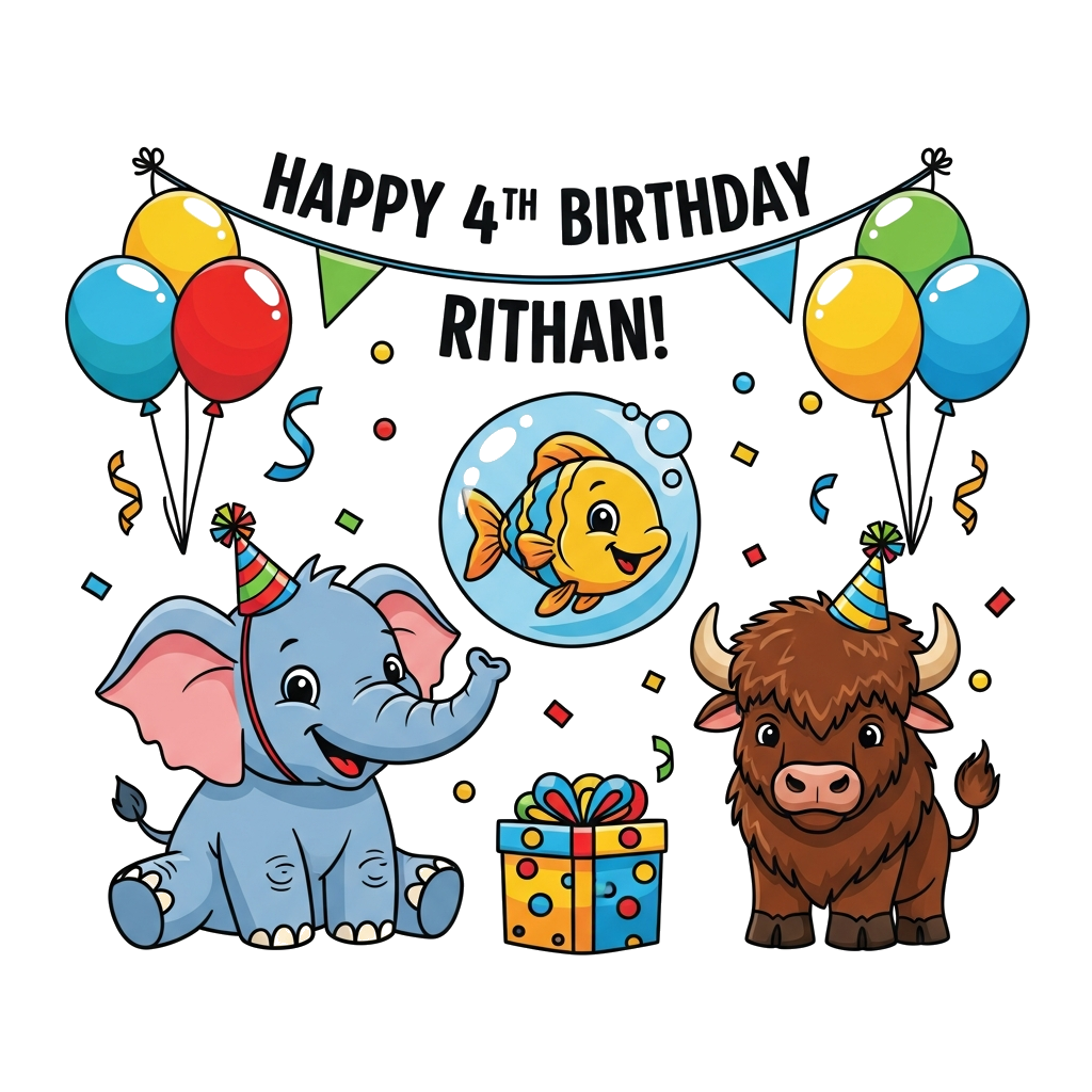 Custom design: A vibrant, playful cartoon illustration of a cheerful baby elephant, a friendly swimming fish (perhaps in a magical b...