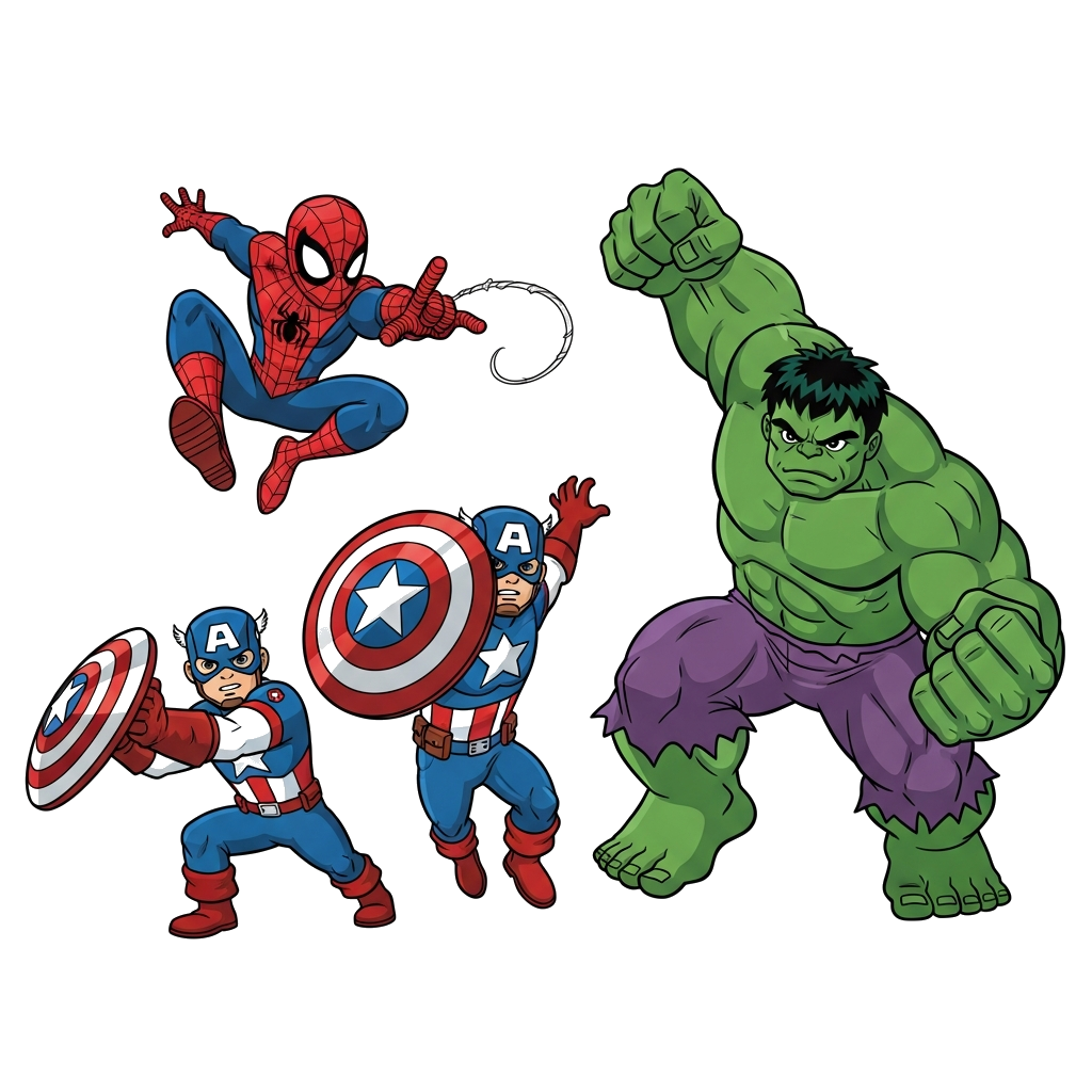 Custom design: A powerful realistic illustration of Spiderman swinging, Captain America throwing his shield, and Hulk in a dynamic p...