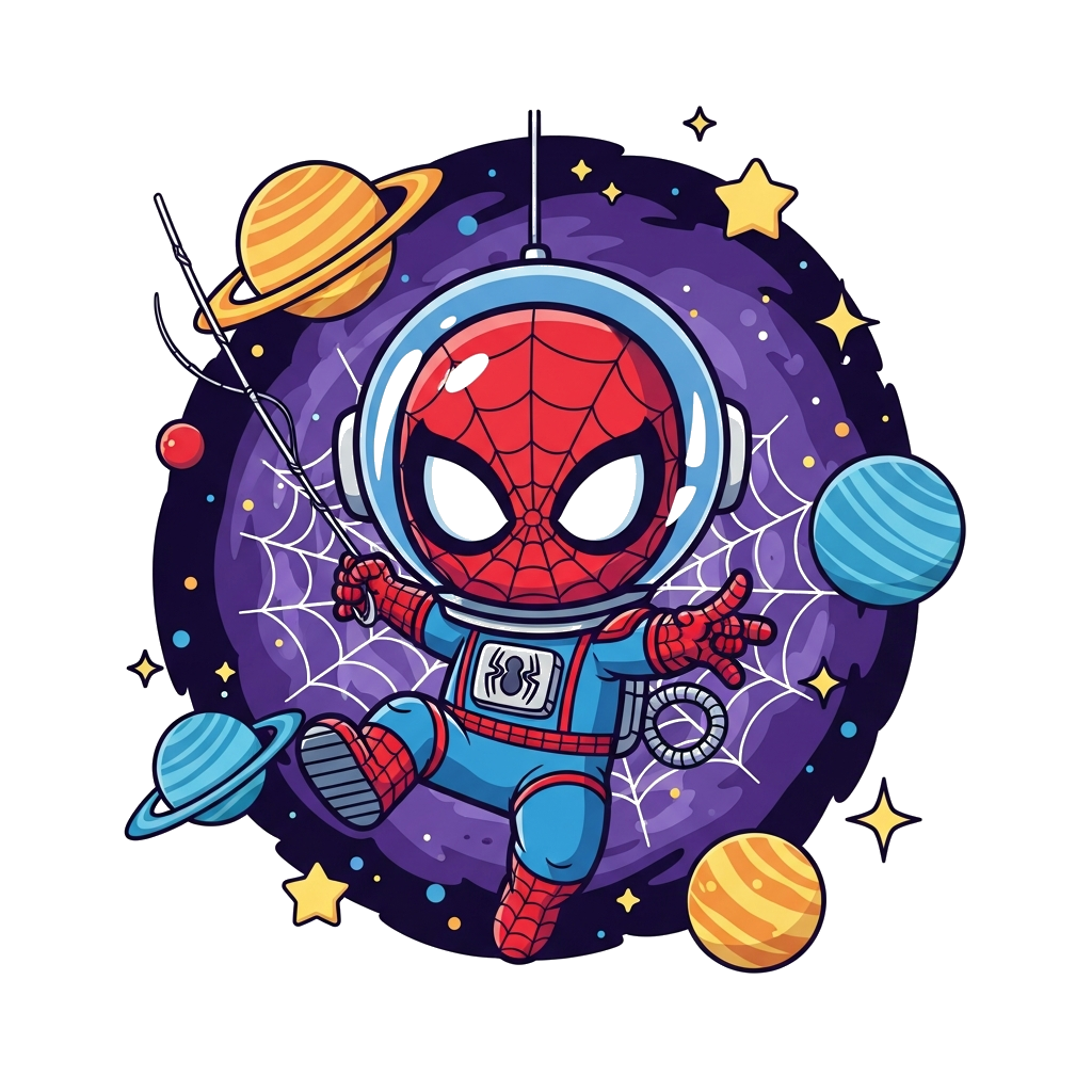 Custom design: A cute, chibi Spider-Man in a vibrant astronaut suit, playfully swinging on a web between colorful planets and twinkl...