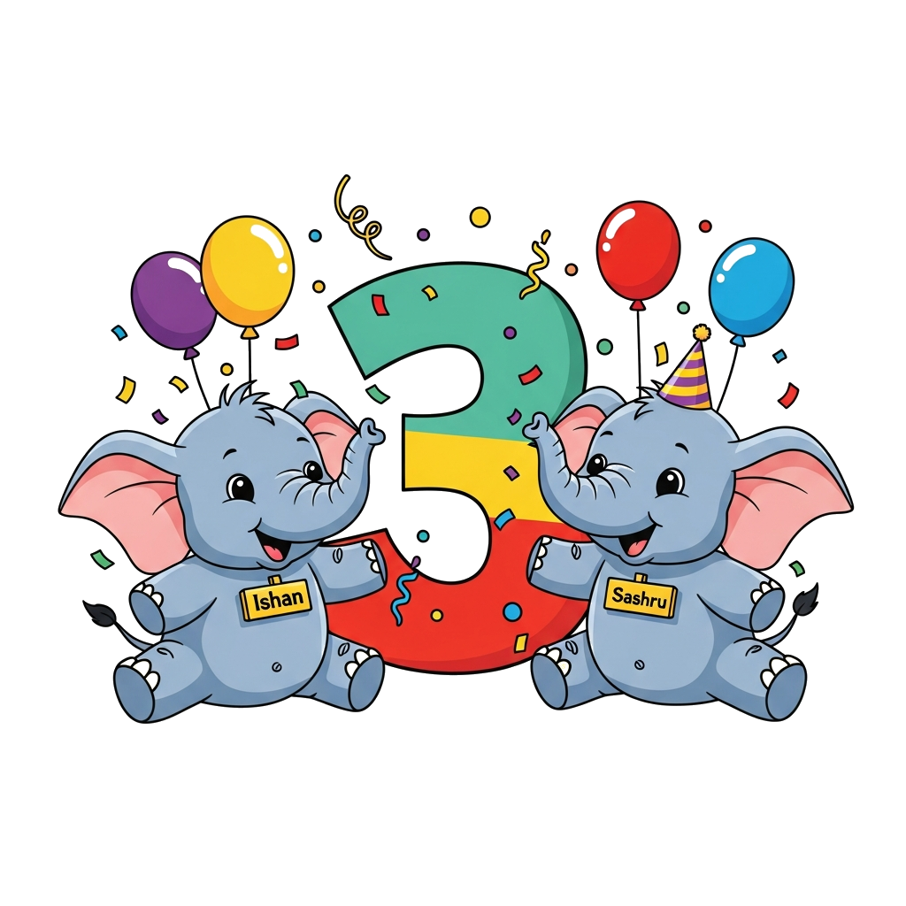 Custom design: A charming illustration of two cute cartoon baby elephants, one with a name tag 'Ishan' and the other 'Sashru', joyfu...
