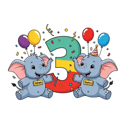 Design: A charming illustration of two cute cartoon baby elephants, one with a name t...