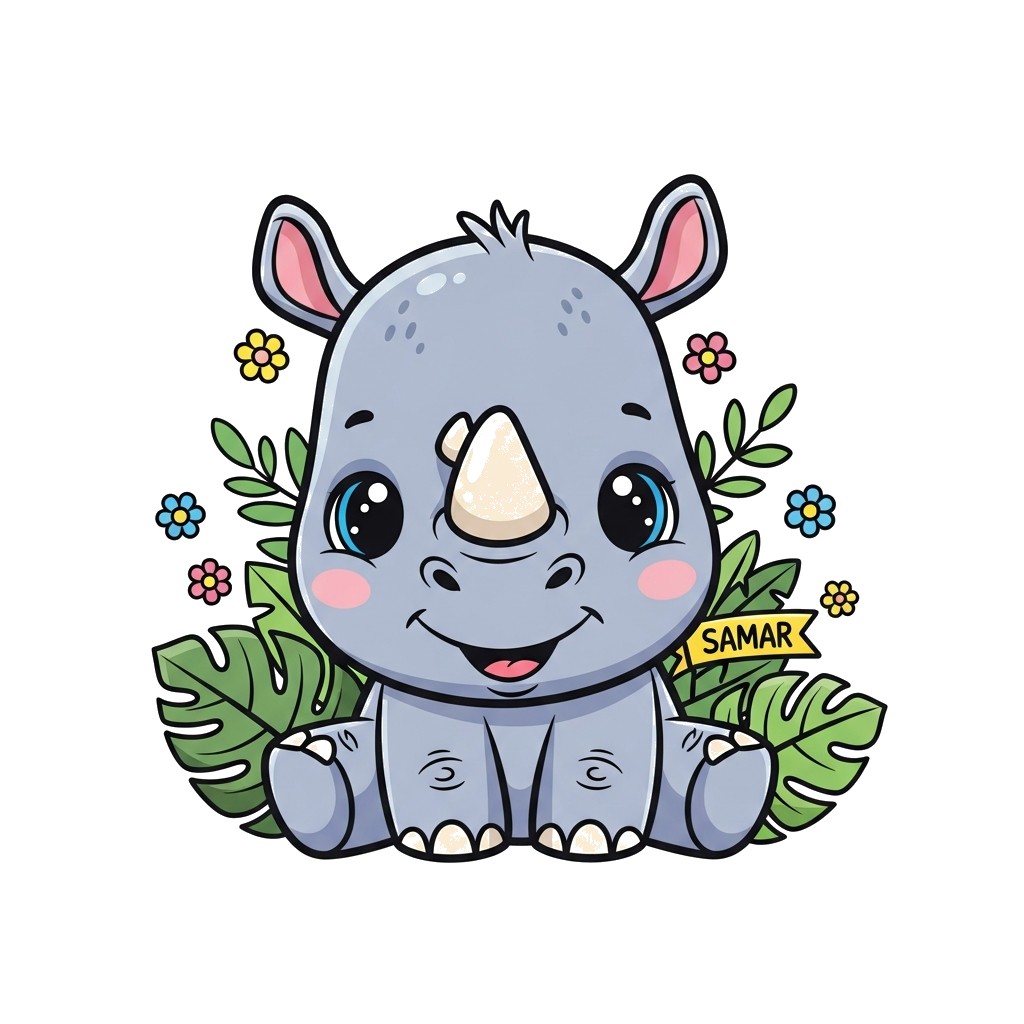 Custom design: A super cute cartoon baby rhinoceros with big, friendly eyes, smiling sweetly, surrounded by playful jungle leaves an...