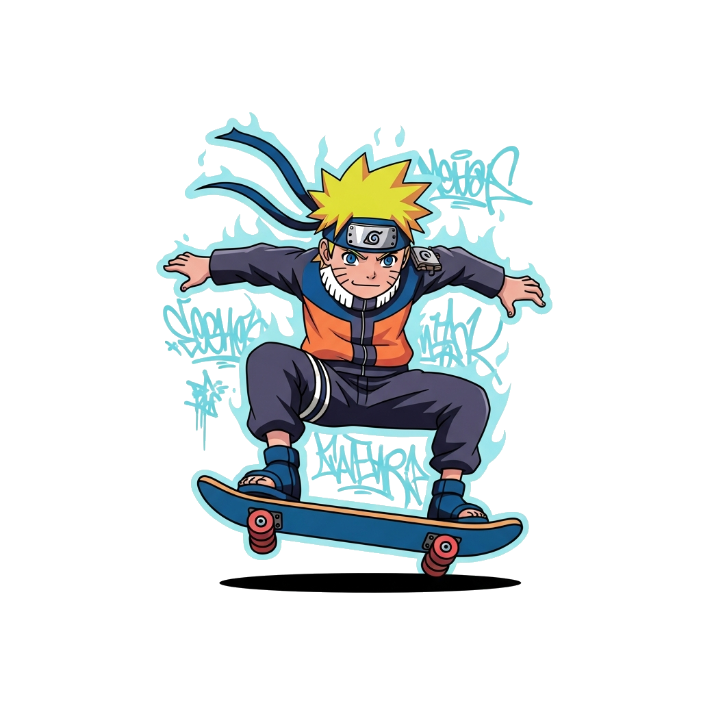 Custom design: A dynamic illustration of Naruto Uzumaki (depicted as 10 years old) performing an epic skateboard trick, perhaps an o...