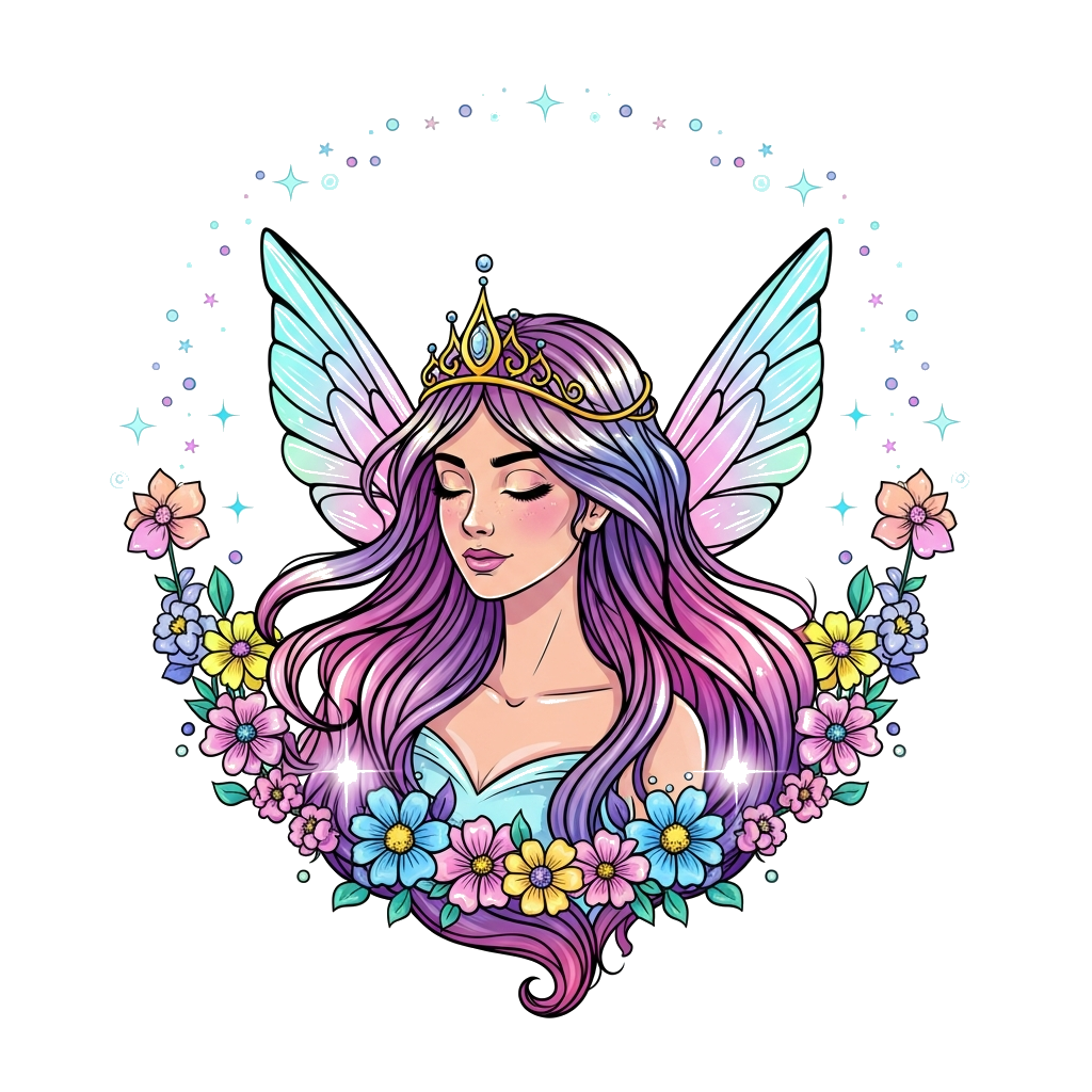 Custom design: A whimsical illustration of a graceful fairy princess with long flowing hair, adorned with sparkling wings and a crow...
