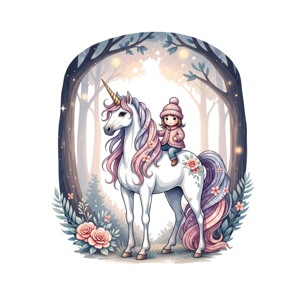 Custom design: A majestic unicorn with a flowing mane and tail, adorned with delicate flowers and subtle glitter, standing in a whim...