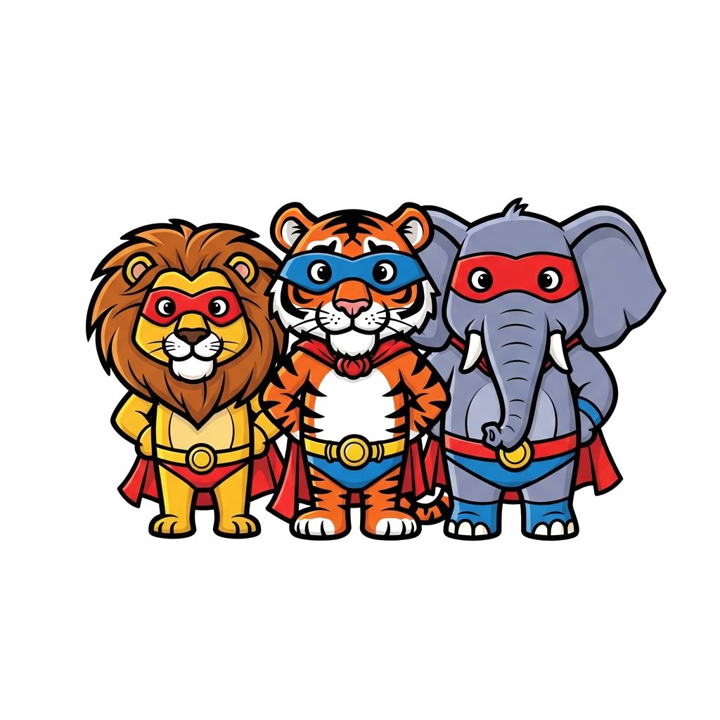 Custom design: A dynamic illustration of a brave cartoon lion, a strong tiger, and a powerful elephant, all reimagined as superheroe...
