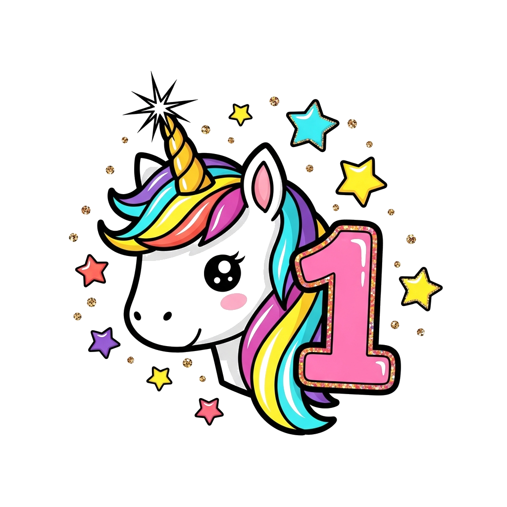 Custom design: A cute, brightly colored cartoon unicorn with a sparkling horn and rainbow mane, surrounded by stars and glitter, wit...