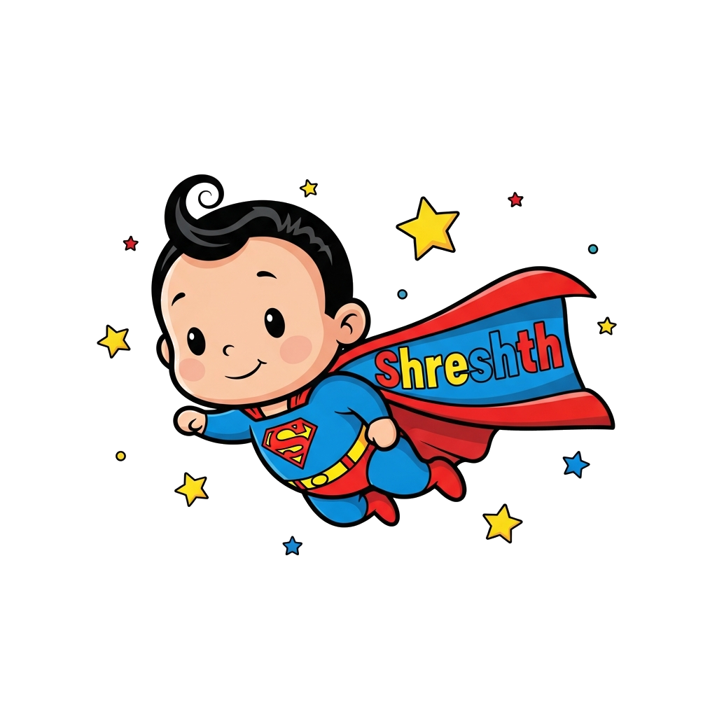 Custom design: A cute, cartoon baby Superman, with a soft, friendly smile, flying through a starry sky. His cape gently trails behin...