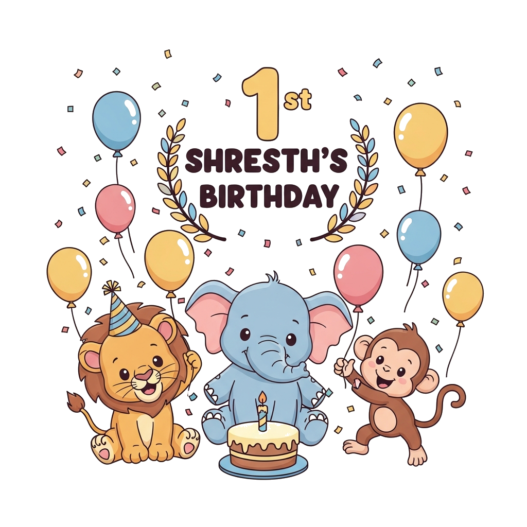 Custom design: A group of adorable baby jungle animals (like a lion cub, a baby elephant, and a baby monkey) celebrating Shresth's 1...